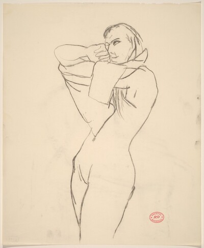 Untitled [female nude adjusting her shirt]