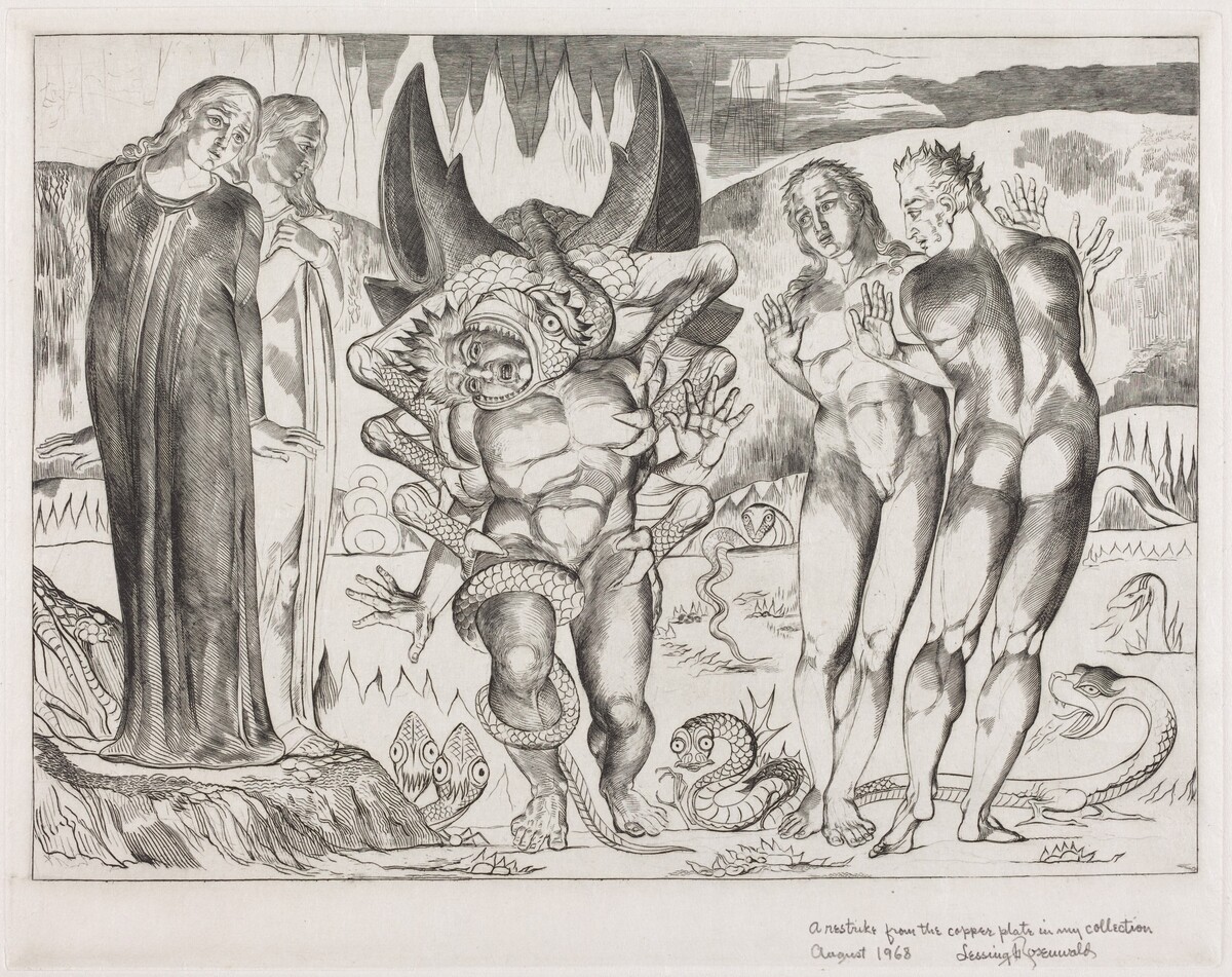 The Circle of the Thieves; Agnolo Brunelleschi Attacked by a Six-Footed Serpent by William Blake (artist); Harry Hoehn (printer)