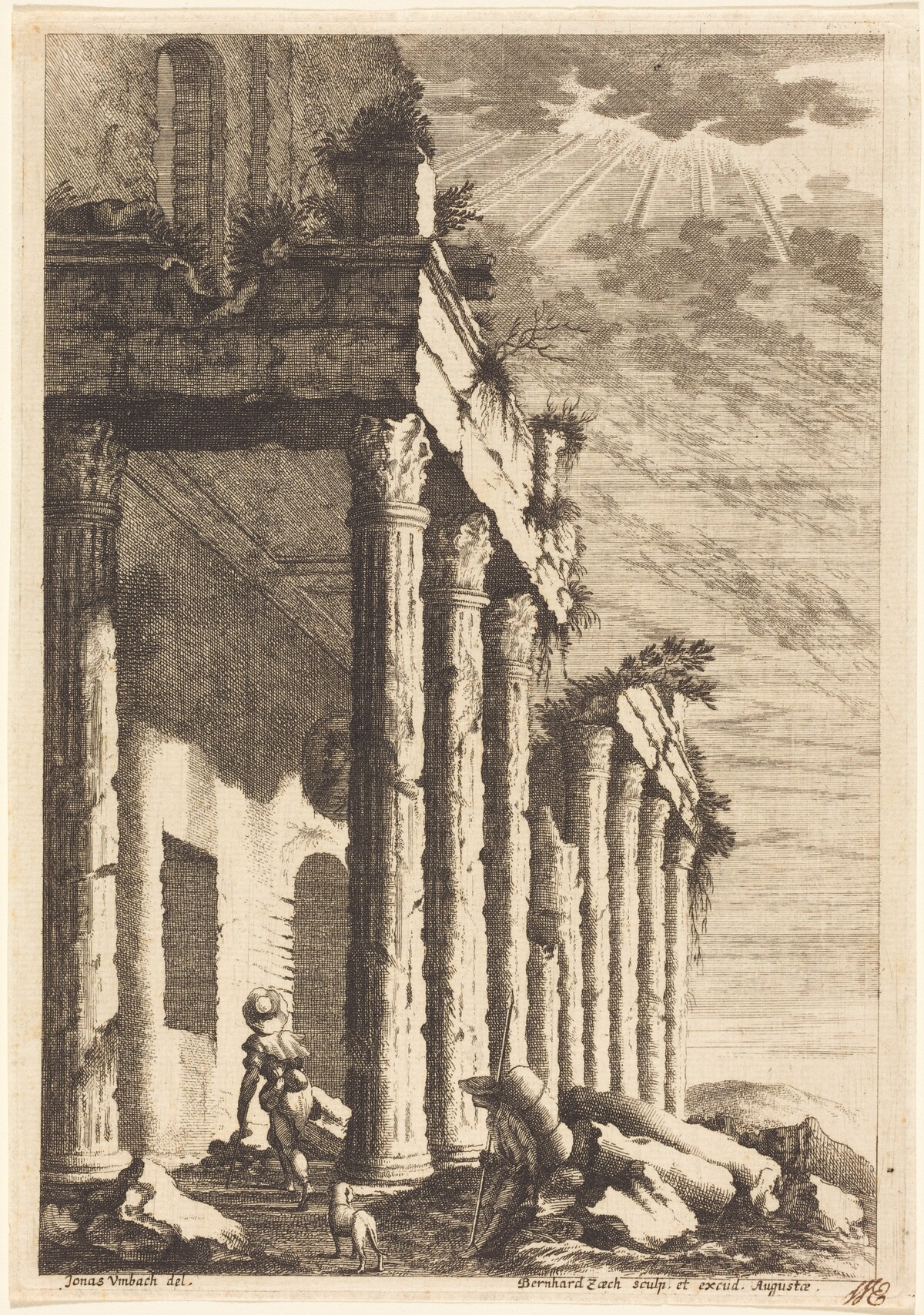 Travelers beside a Ruined Portico by Bernhard Zaech after Jonas Umbach