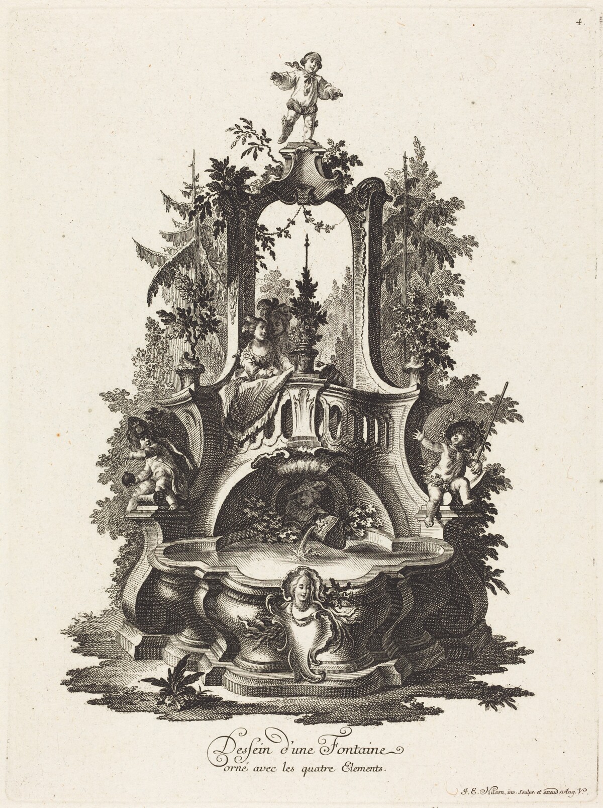 Dessein d'une Fontaine orné avec les quatre Elements (Design for a Fountain Decorated with the Four Elements) by Johann Esaias Nilson