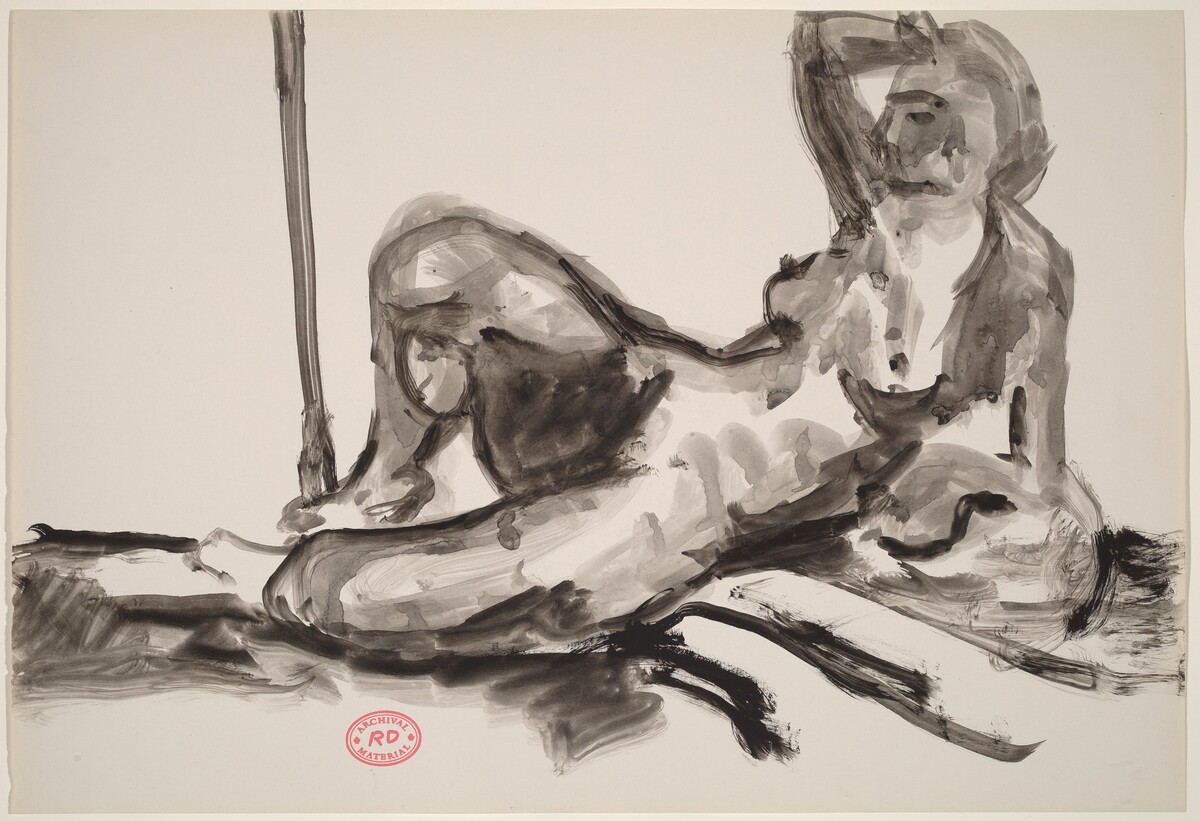 Untitled [reclining nude resting on her left side and raising her right arm] by Richard Diebenkorn