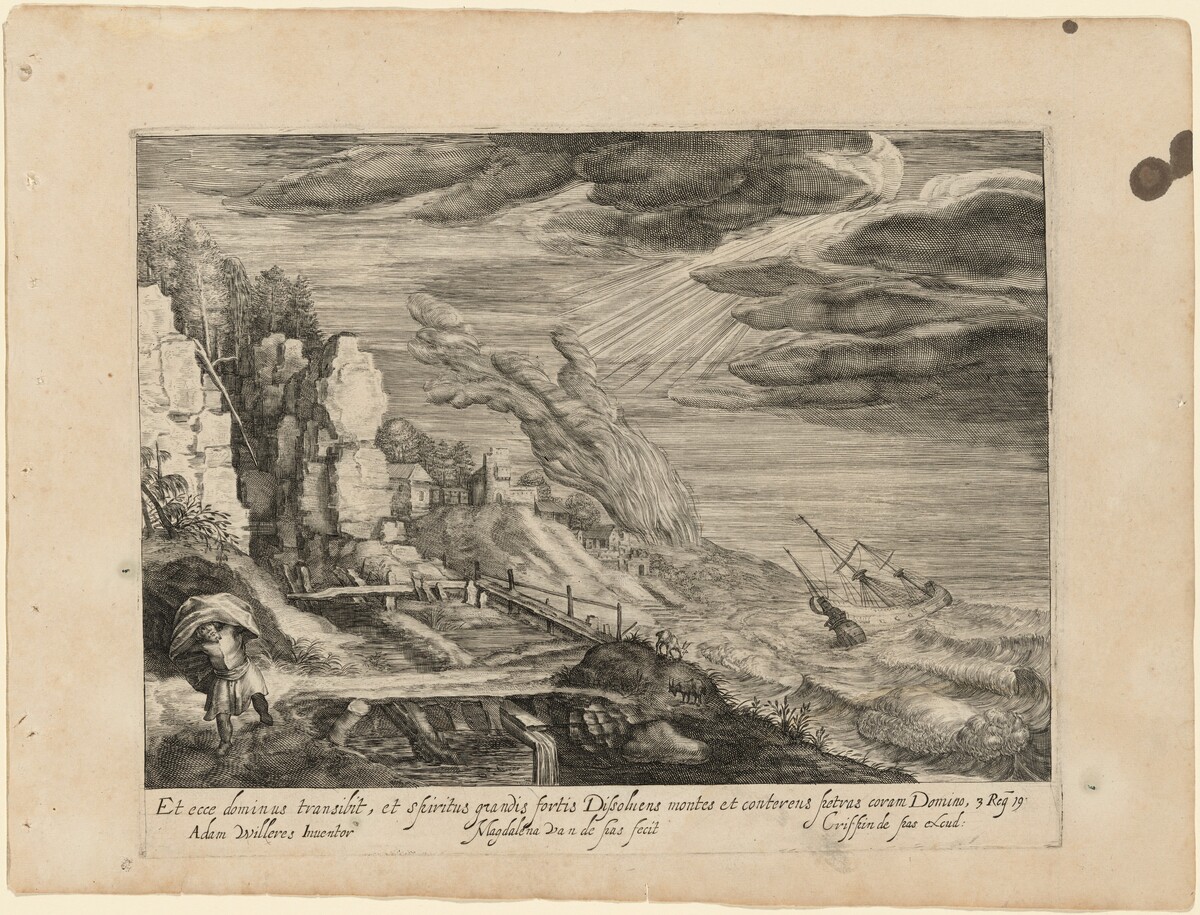 Seashore with HIgh Seas, a Ship, and the Prophet Elijah [God Helping the Israelites Fight the Moabites] by Magdalena van de Passe, after Roelandt Savery and Adam Willaerts