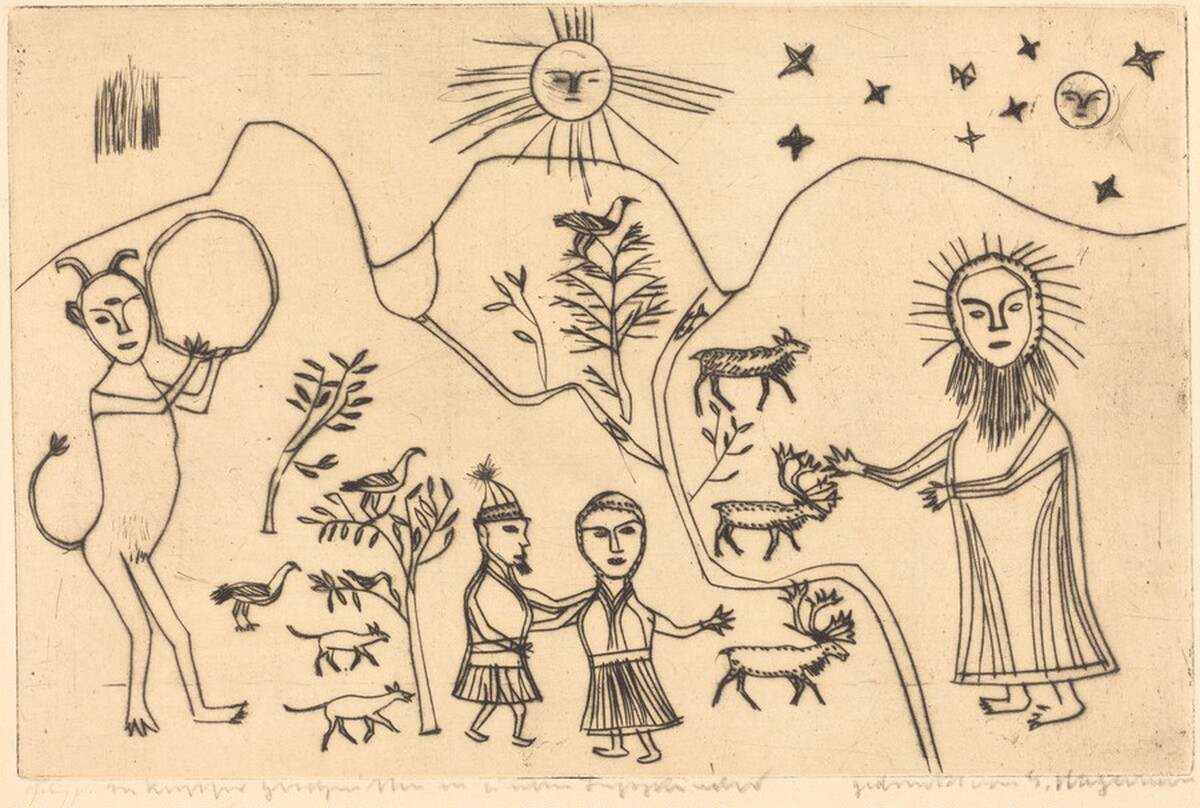 Folk Scene: Devil, Christ, Man, Woman, and Animals in a Landscape by Gustav Hagemann