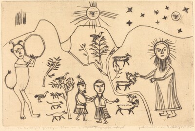 Folk Scene: Devil, Christ, Man, Woman, and Animals in a Landscape