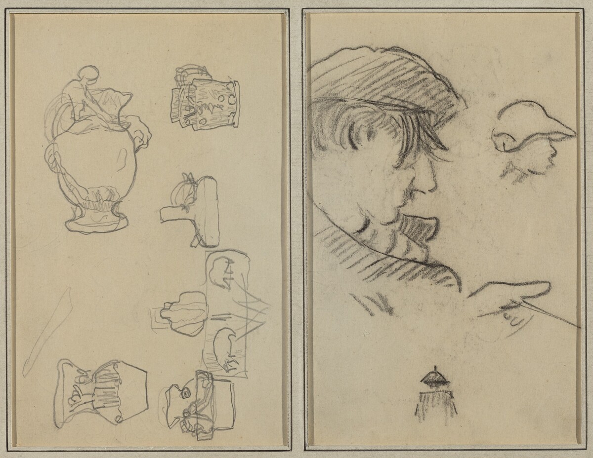 Studies of Jugs and Vases; A Man with Moustache and a Boy with a Hat [recto] by Paul Gauguin