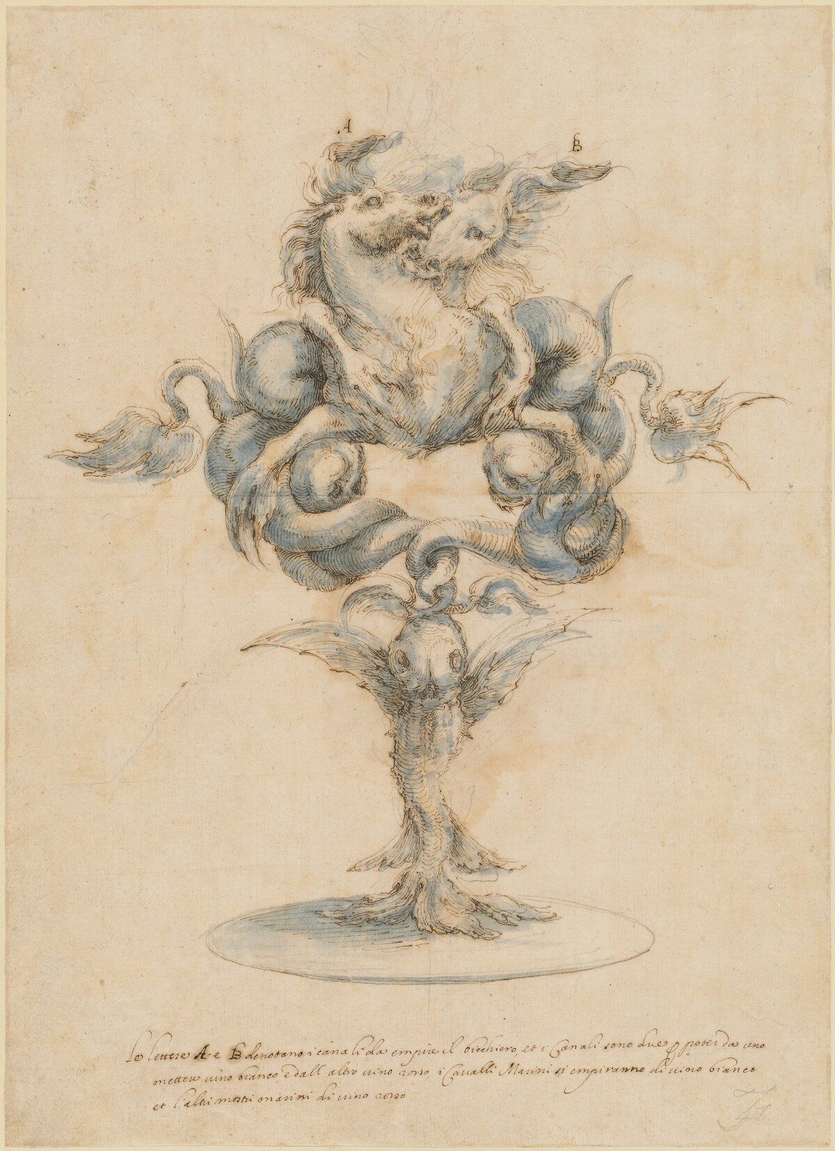 A Wine Decanter with Two Fighting Sea Horses by Master of the Medici Banquet Decanters