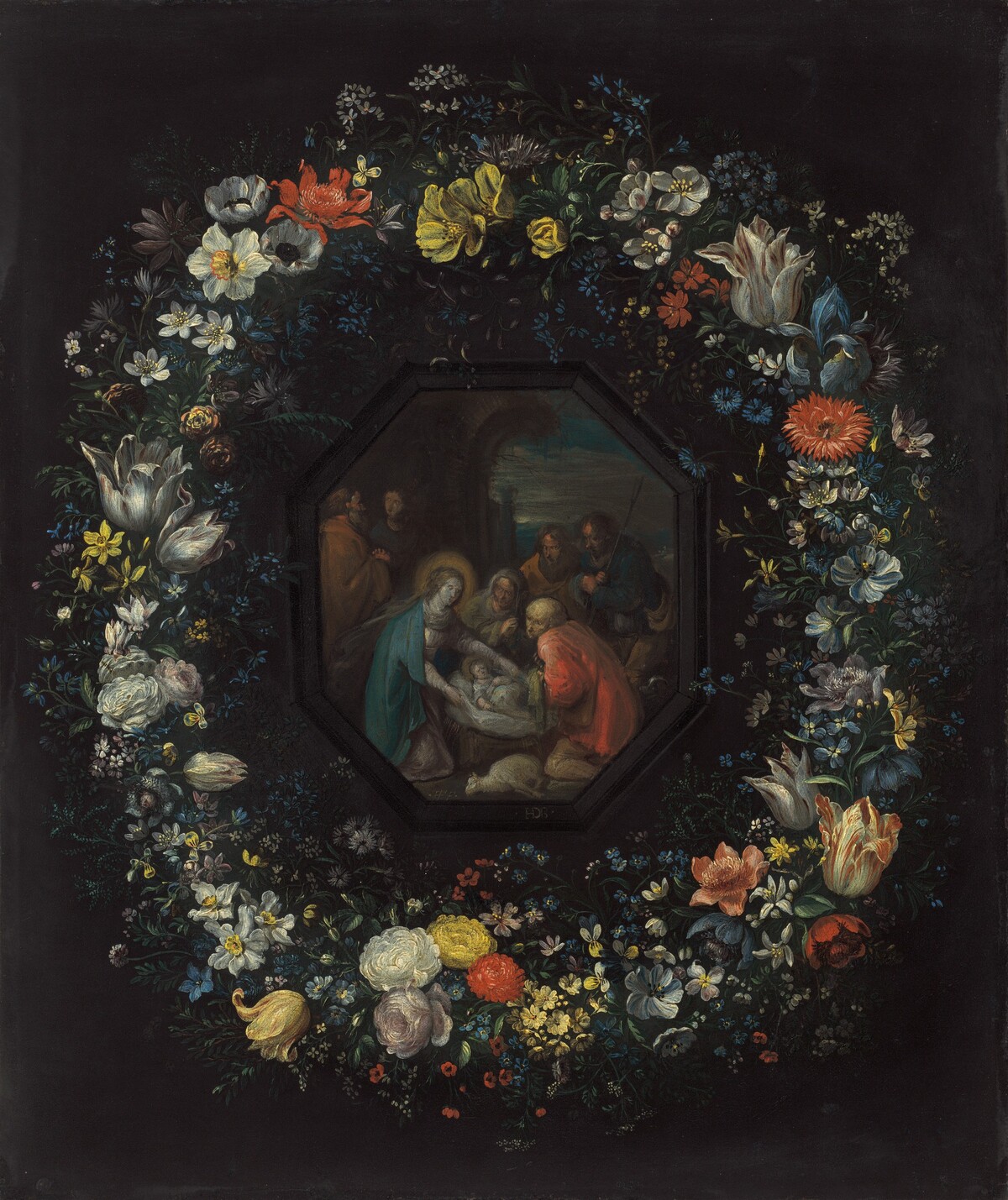 Garland of Flowers with Adoration of the Shepherds by Frans Francken the Younger and Master HDB