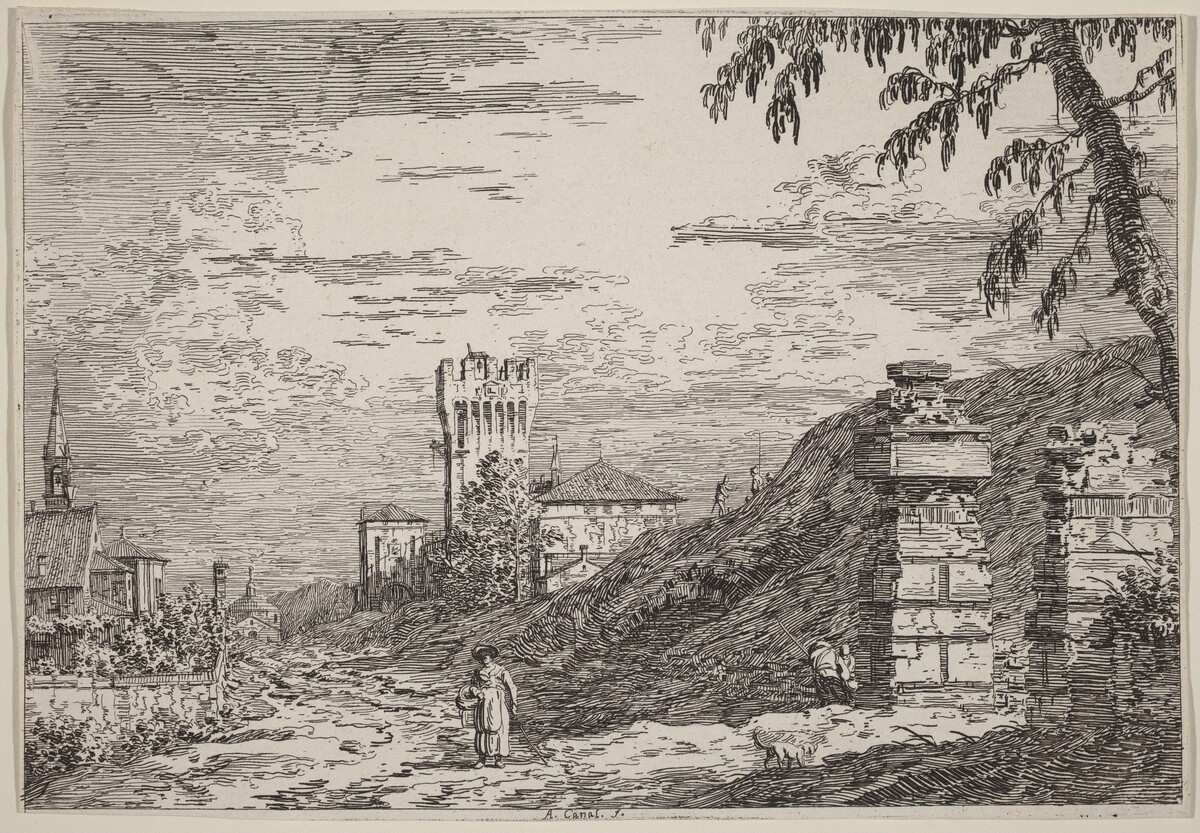 Landscape with Tower and Two Ruined Pillars by Canaletto