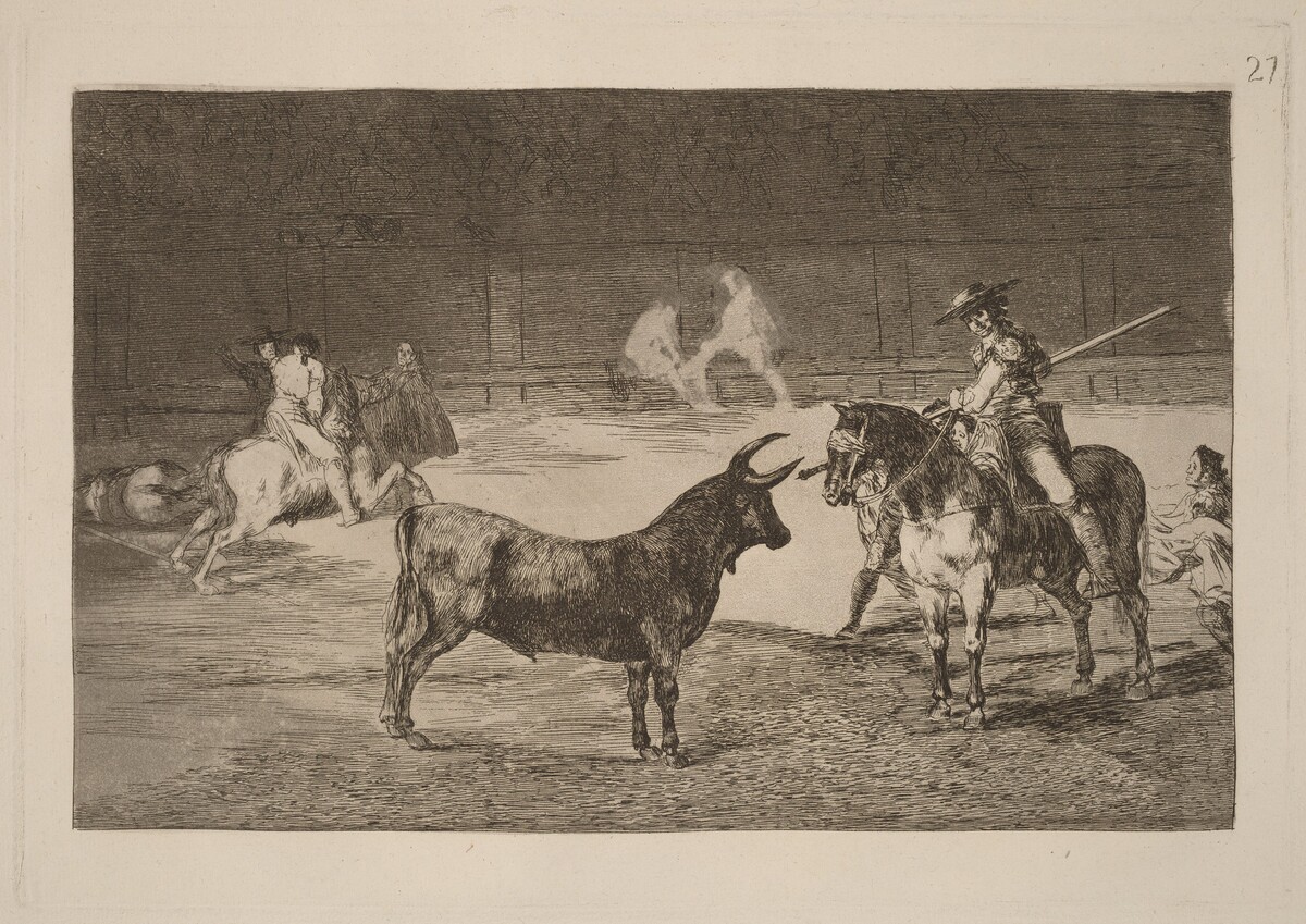 El celebre Fernando del Toro, barilarguero, obligando a la fiera con su garrocha (The celebrated Picador, Fernando del Toro, Draws the Fierce Beast on with His Pique) by Francisco Goya