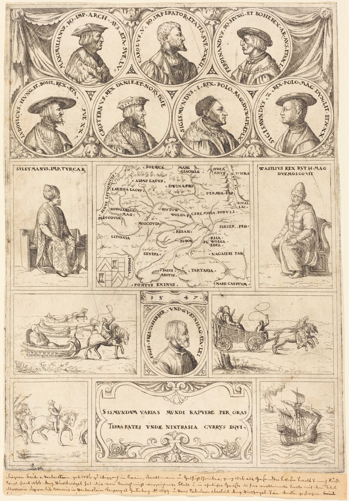 Map of Eastern Europe with portraits of Sigismund von Herberstein, Emperor Charles V, Emperor Maximilian I, Ferdinand of Hungary, Ludwig II of Hungary, Sigismund I of Poland, Sigismund II of Poland, Christian II of Denmark, Suleiman the Magnificent and Vasili III, Grand Prince of Moscow, and vignettes showing four journeys made by Herberstein by Augustin Hirschvogel
