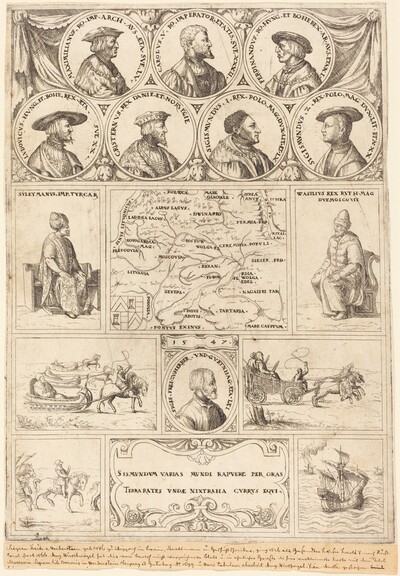 Map of Eastern Europe with portraits of Sigismund von Herberstein, Emperor Charles V, Emperor Maximilian I, Ferdinand of Hungary, Ludwig II of Hungary, Sigismund I of Poland, Sigismund II of Poland, Christian II of Denmark, Suleiman the Magnificent and Vasili III, Grand Prince of Moscow, and vignettes showing four journeys made by Herberstein