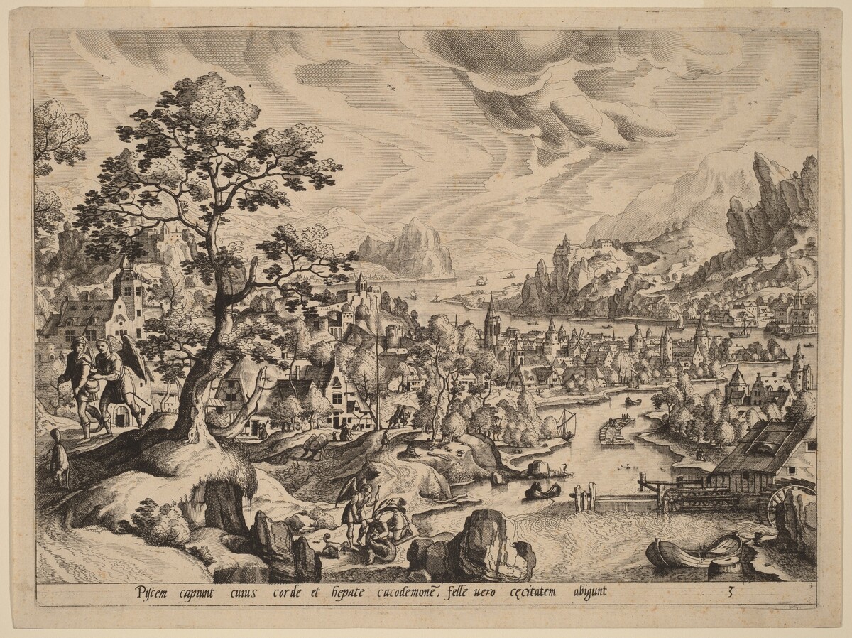 Tobias Catching the Fish in the River Tigris by Johannes van Doetechum the Elder and Lucas van Doetechum, after Hans Bol