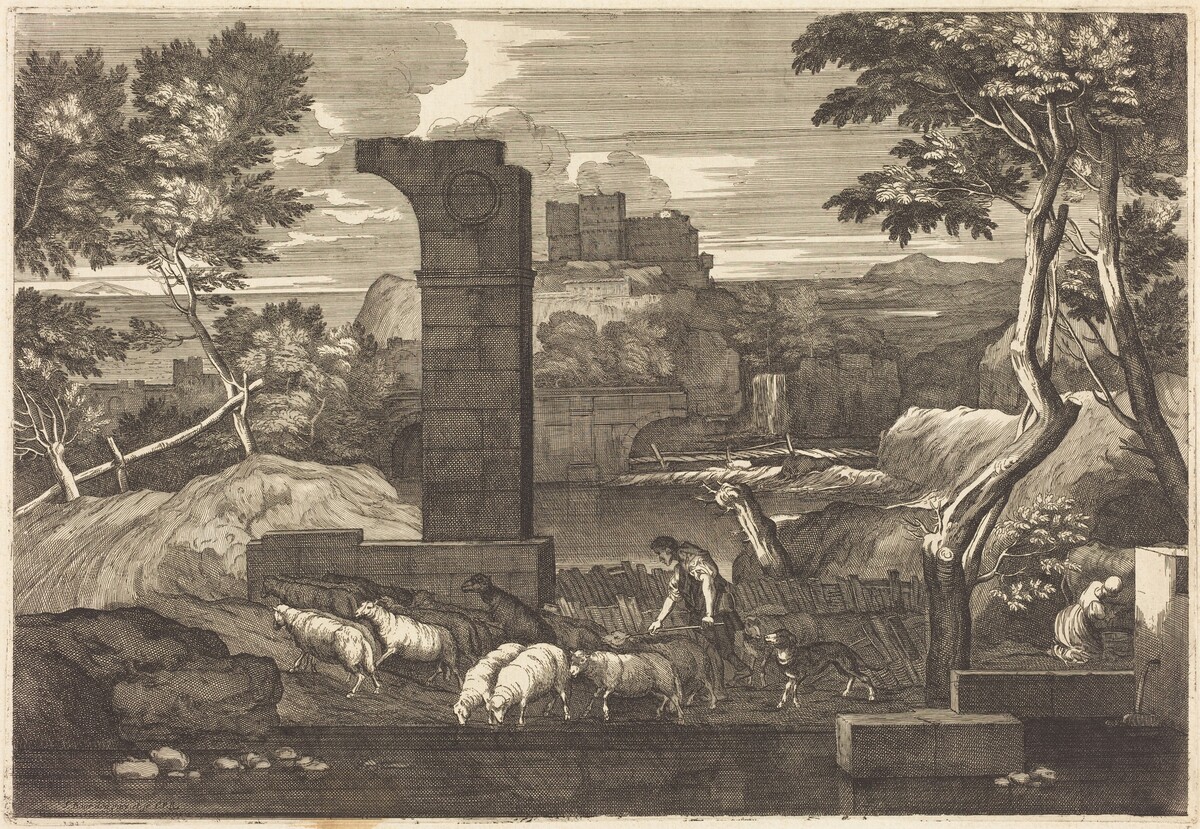 Landscape with Peasant and his Herd by Sébastien Bourdon