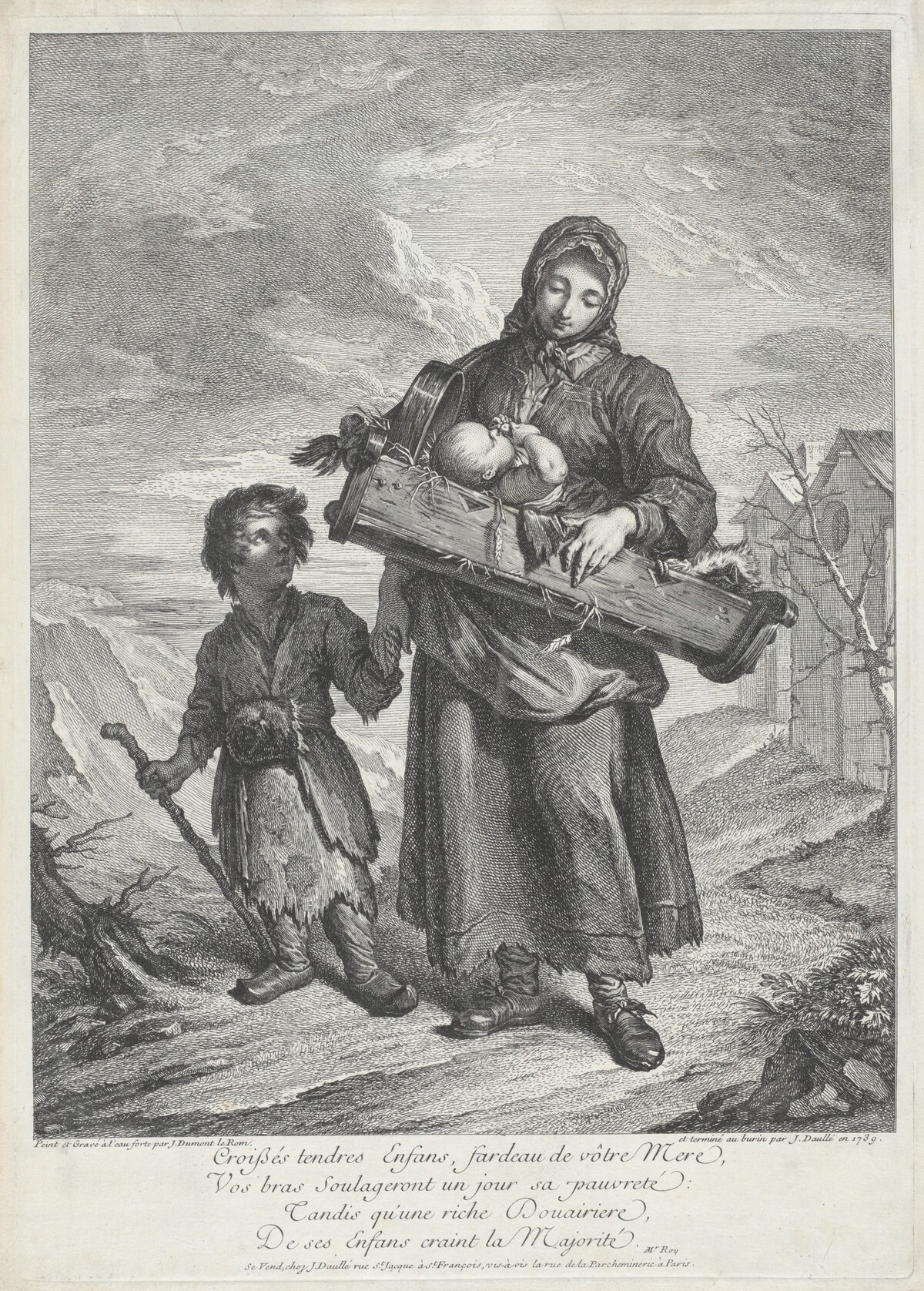 A Young Mother Carrying a Crib by Jacques Dumont Le Romain, finished by Jean Daullé