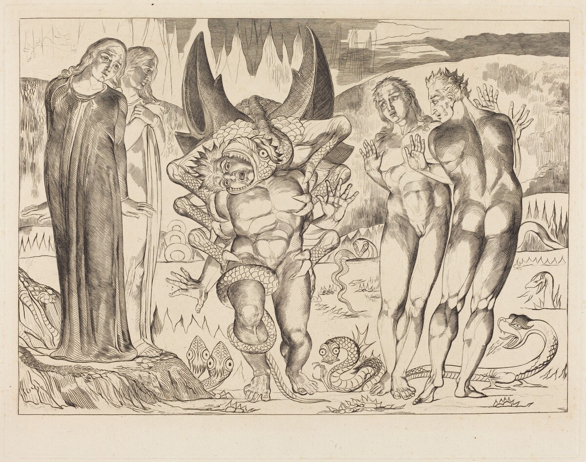 The Circle of the Thieves; Agnolo Brunelleschi Attacked by a Six-Footed Serpent by William Blake