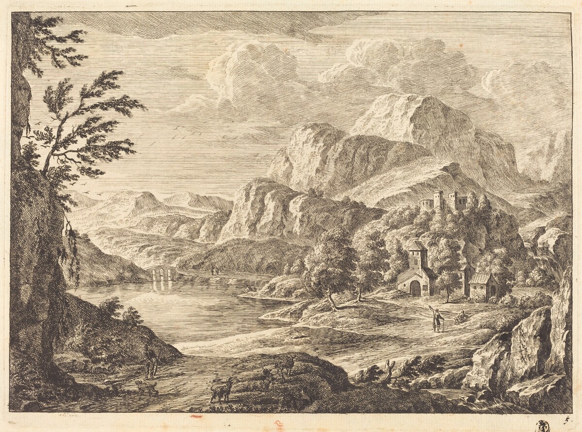 Mountainous Landscape with a Ruined Castle and an Arched Bridge in the Distance by Georg Eisenmann
