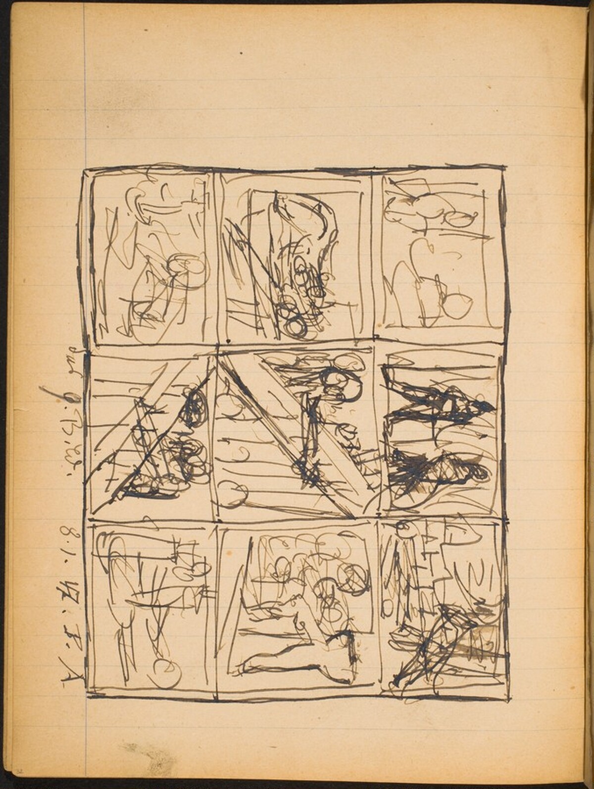 Skizze mit 9 Einzelszenen (Nine Vignettes in a Grid) [p. 32] by Max Beckmann