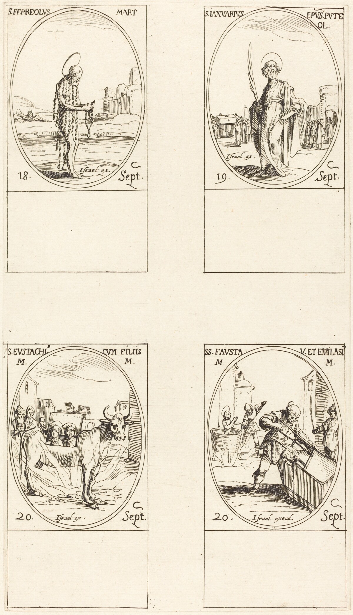 St. Ferreolus; St. Januarius; St. Eustachius & his Children; Sts. Fausta & Evelasius by Jacques Callot