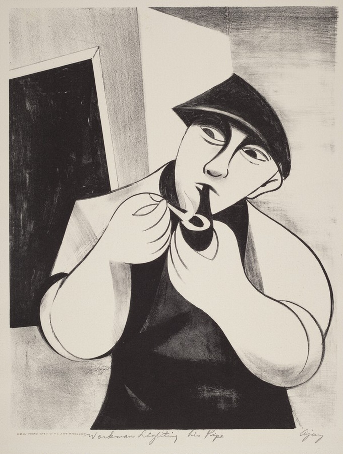 Workman Lighting His Pipe by Abe Ajay