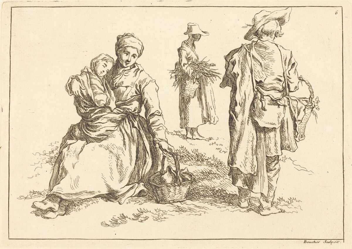 Seated Mother and Child, Two Standing Peasants by François Boucher after Abraham Bloemaert