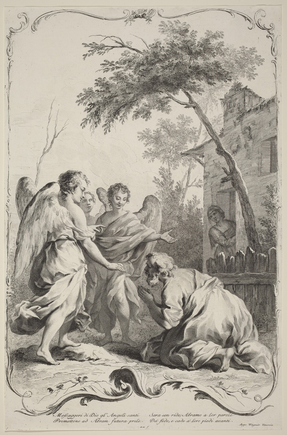 Abraham Kneeling before the Three Angels by Joseph Wagner (publisher) after Jacopo Amigoni