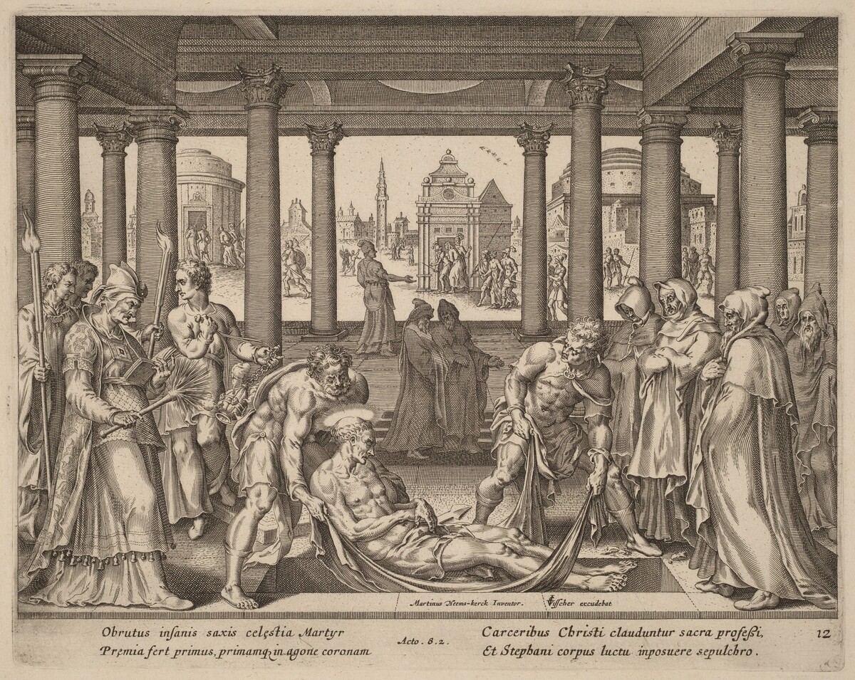 Devout Men Carrying Saint Stephen to His Burial by Philip Galle after Maerten van Heemskerck