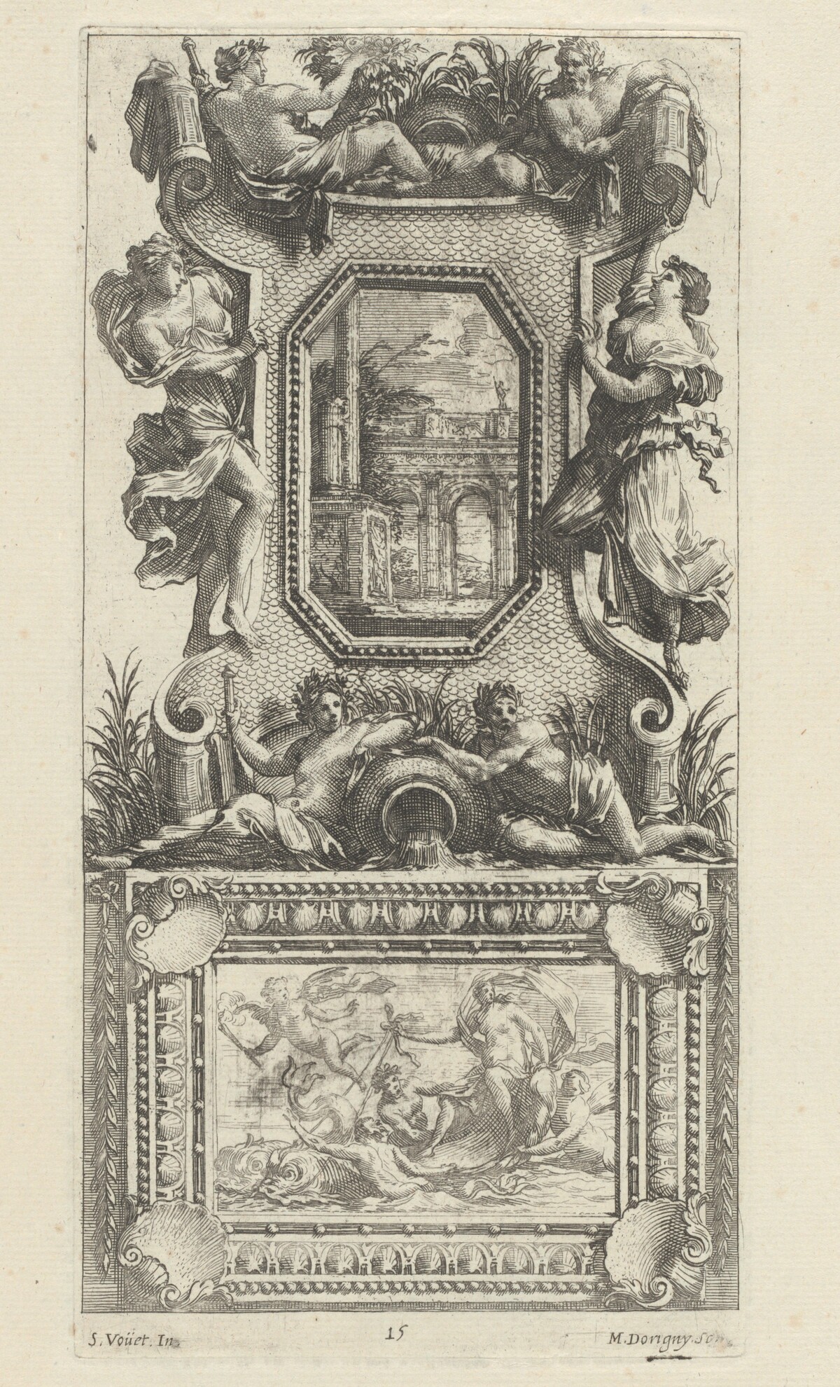 Ornamental Panel Surmounted by a Naiad and a River God by Michel Dorigny, after Simon Vouet