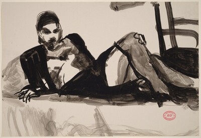 Untitled [woman reclining in a dark outfit]