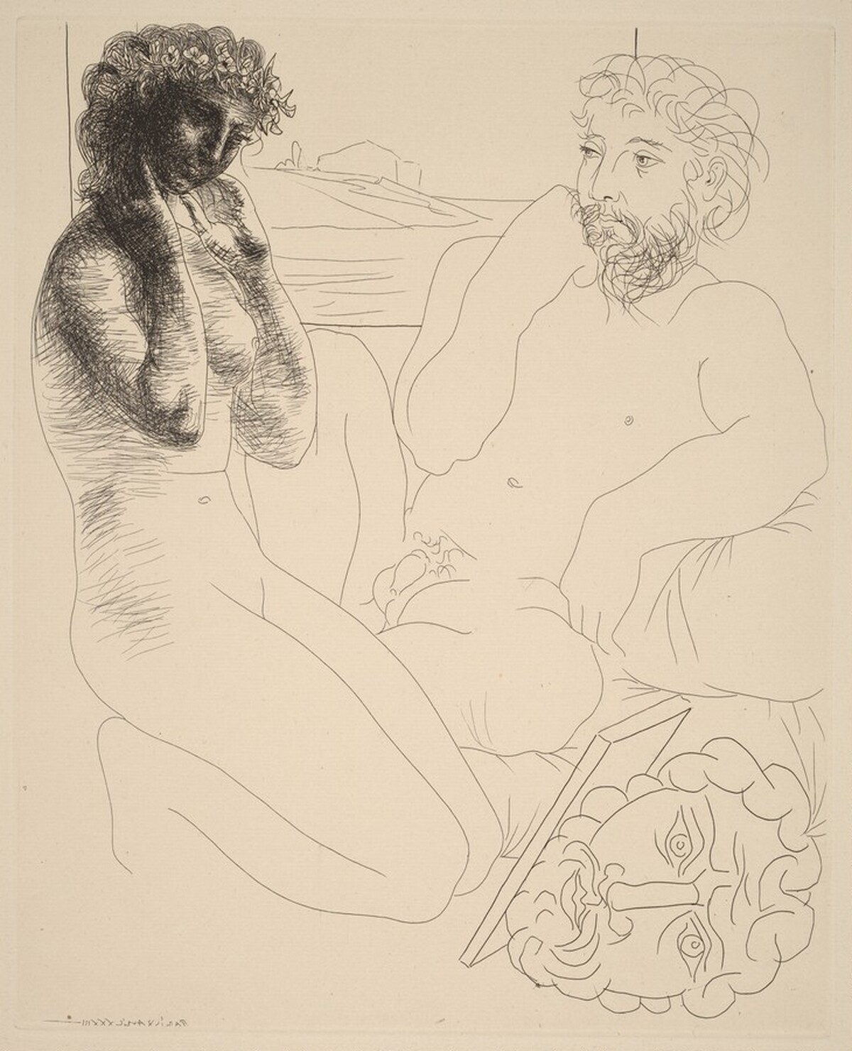 Sculptor and Model Looking at a Mirror Leaning against a Sculpted Self-Portrait (Sculpteur et modèle se regardant dans un miroir calé sur un autoportrait sculpté) by Pablo Picasso