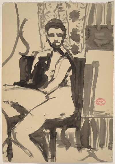 Untitled [seated female nude posing in an interior]