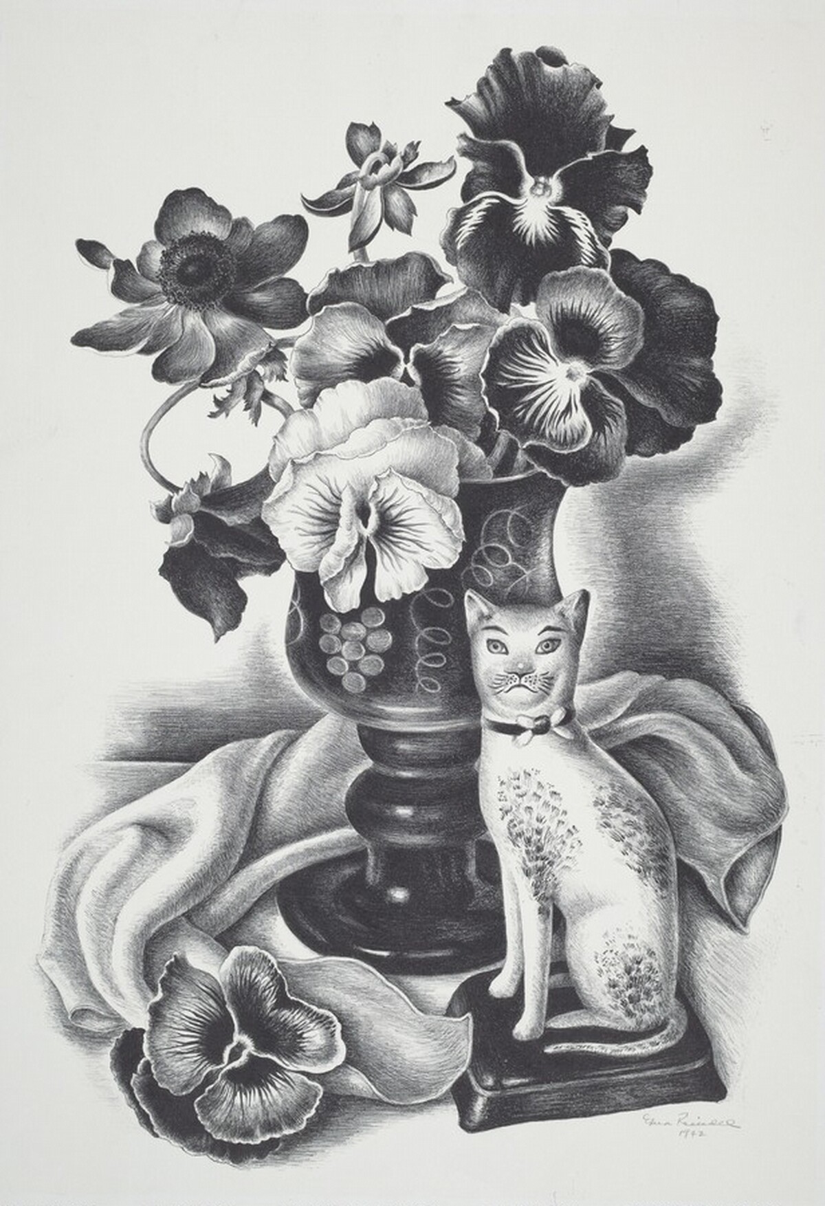 Untitled (Still Life with Flowers and China Cat) by Edna Reindel