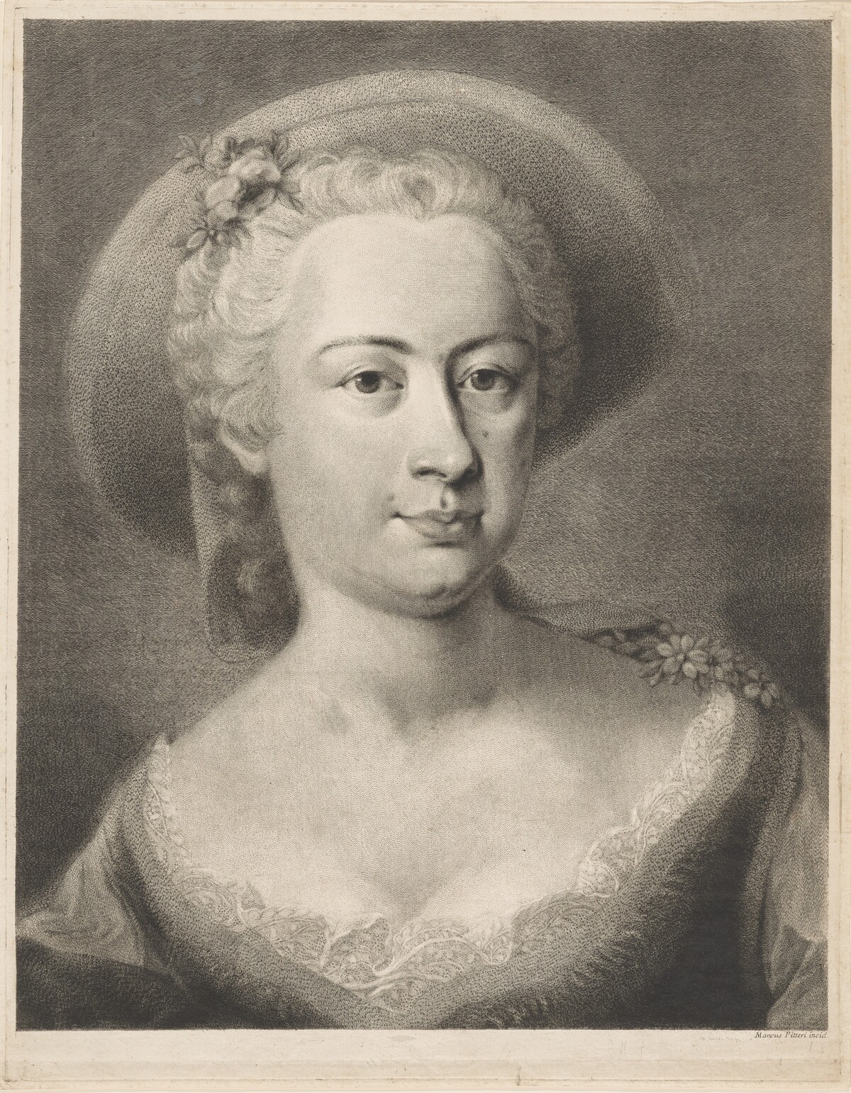 A  Woman Wearing a Straw Hat [Madame de Pompadour?] by Marco Alvise Pitteri, after Giovanni Battista Piazzetta