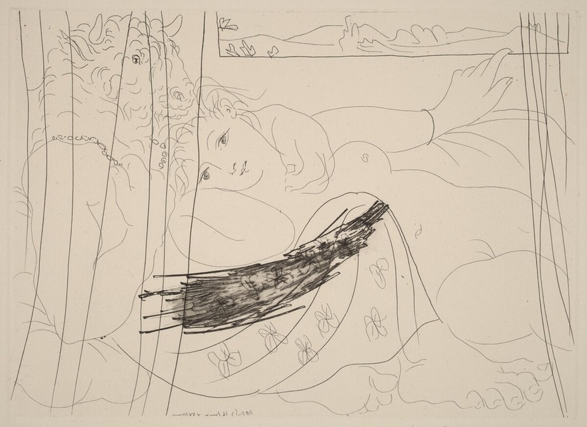 Minotaur and Young Woman Entertwined and Dreaming Under a Window (Minotaure et jeune femme enlacés rêvant sous une fenêtre) by Pablo Picasso