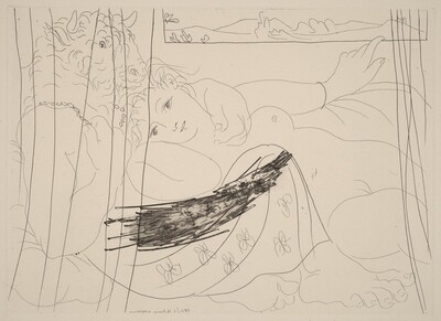 Minotaur and Young Woman Entertwined and Dreaming Under a Window (Minotaure et jeune femme enlacés rêvant sous une fenêtre)