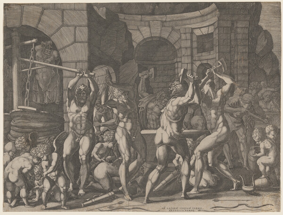 Vulcan and Cyclops Forging Cupid's Arrows by Master FG, after Francesco Primaticcio