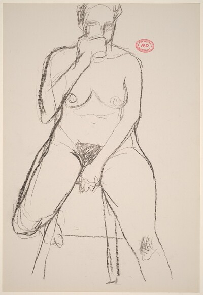 Untitled [female nude seated on a stool drinking]