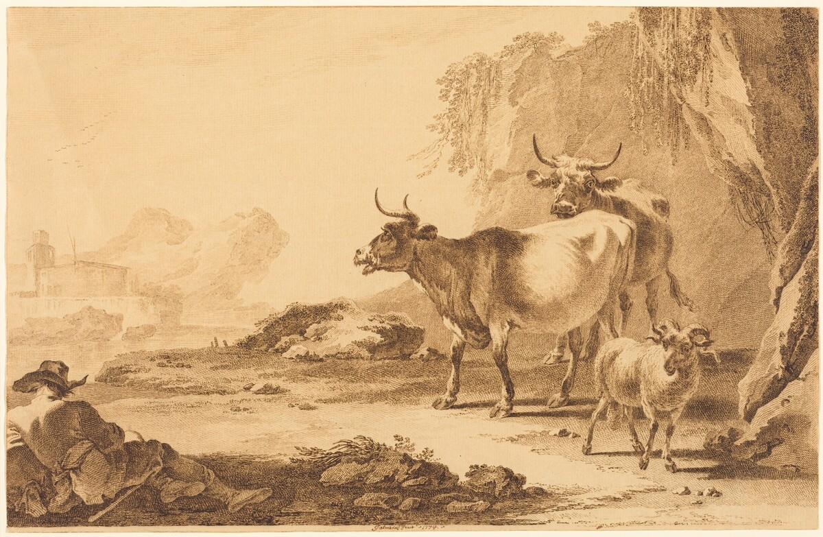 Landscape with Cattle, a Goat, and a Resting Shepherd by Pietro Giacomo Palmieri