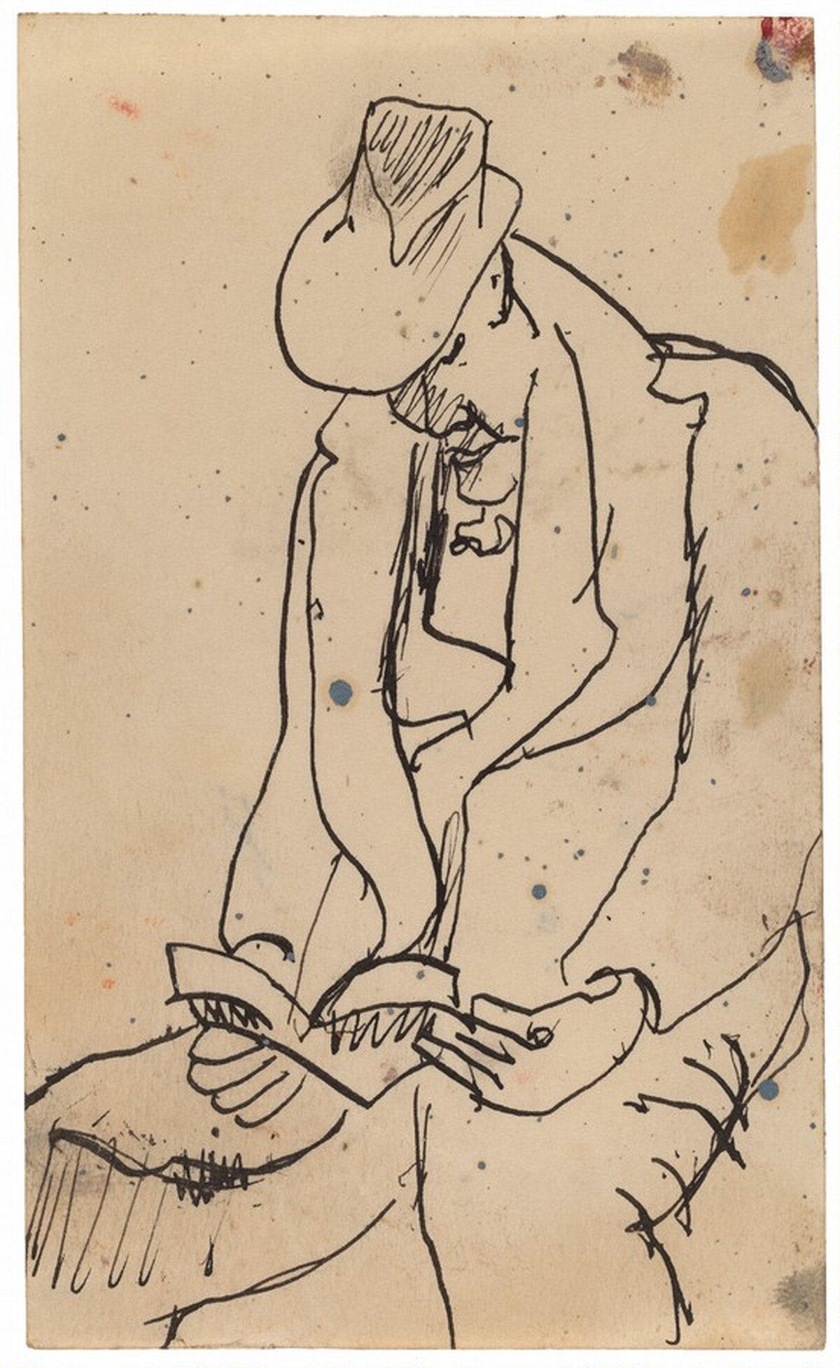 Seated Man in Overcoat and Hat Reading Book in Lap by Mark Rothko