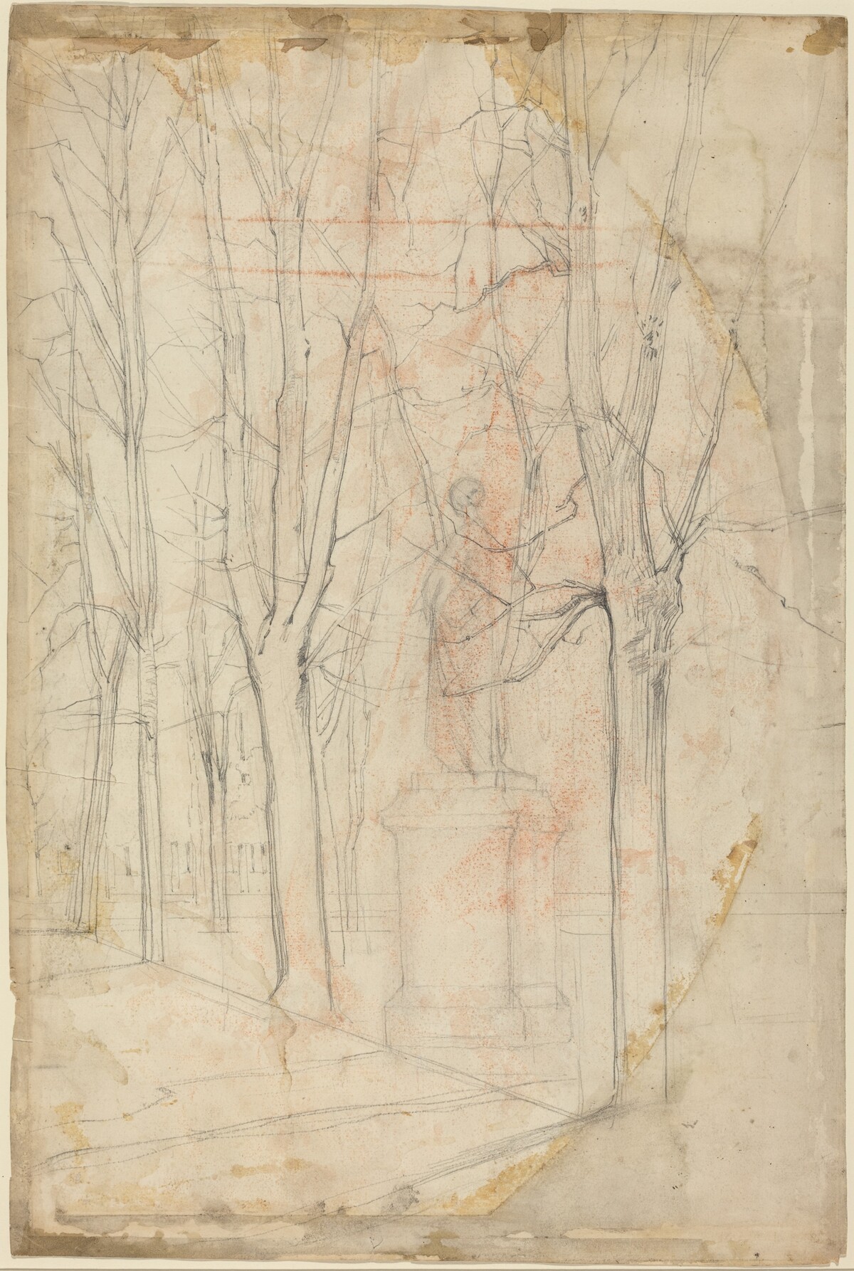 Sketch of Trees with a Statue on a Pedestal by Félix-Hilaire Buhot