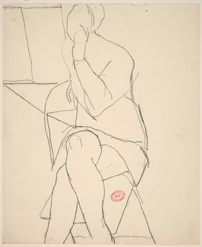 Untitled [woman seated in a folding chair and crossing her legs]