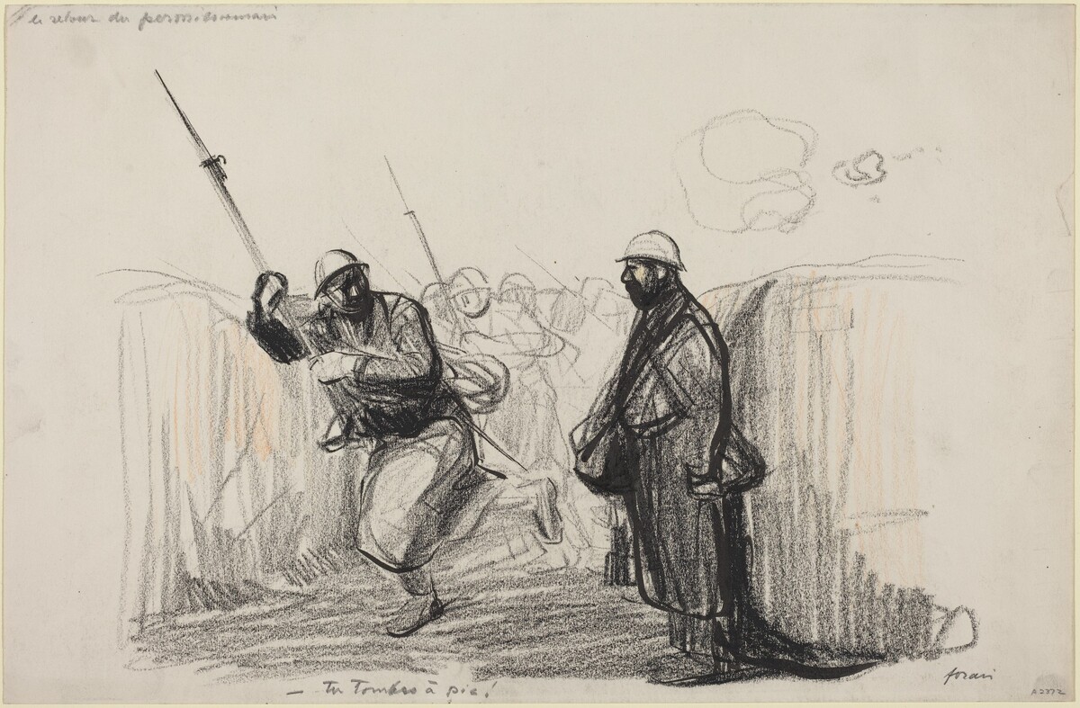 Le retour du permissionnaire.  -Tu Tombes a pie! by Jean-Louis Forain