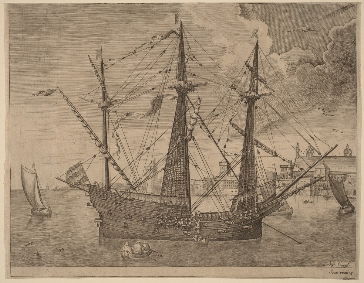 Armed Three-Master Anchored near a City by Frans Huys after Pieter Bruegel the Elder
