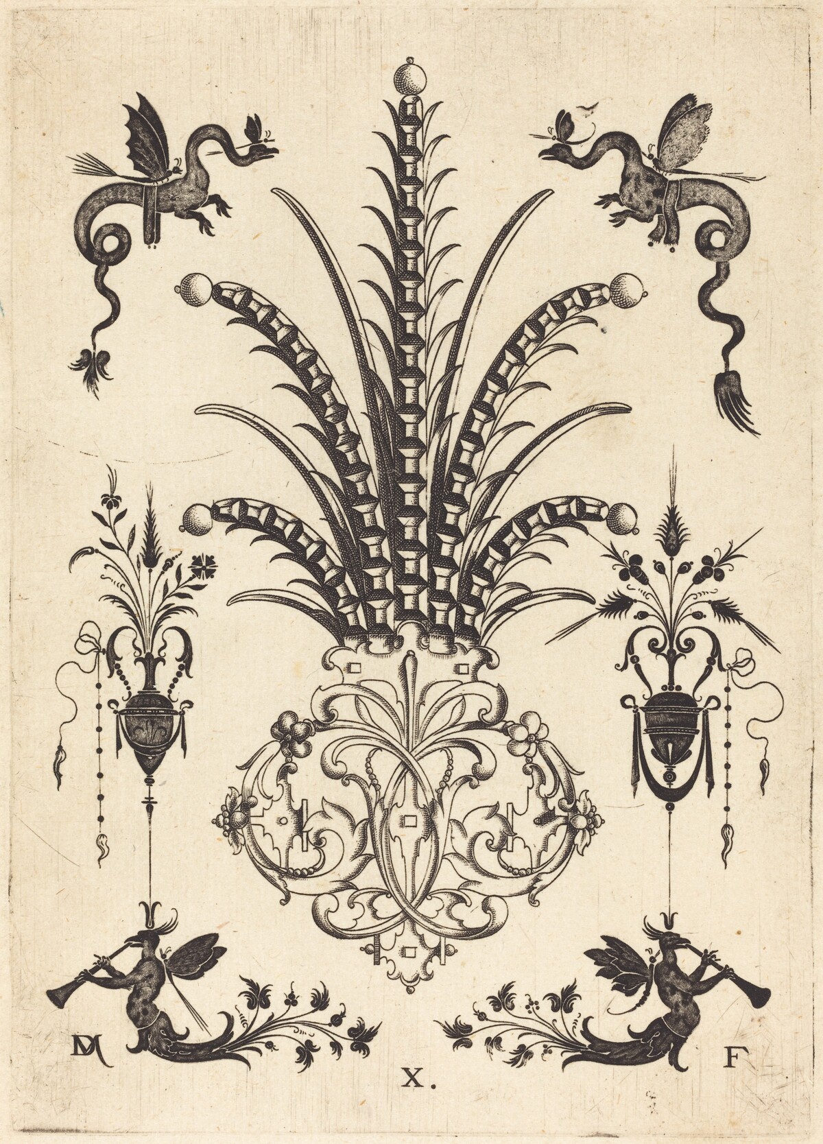 Brooch with Table-Stones, Dragons at Top, andWinged Monsters Blowing Horns at Bottom by Daniel Mignot