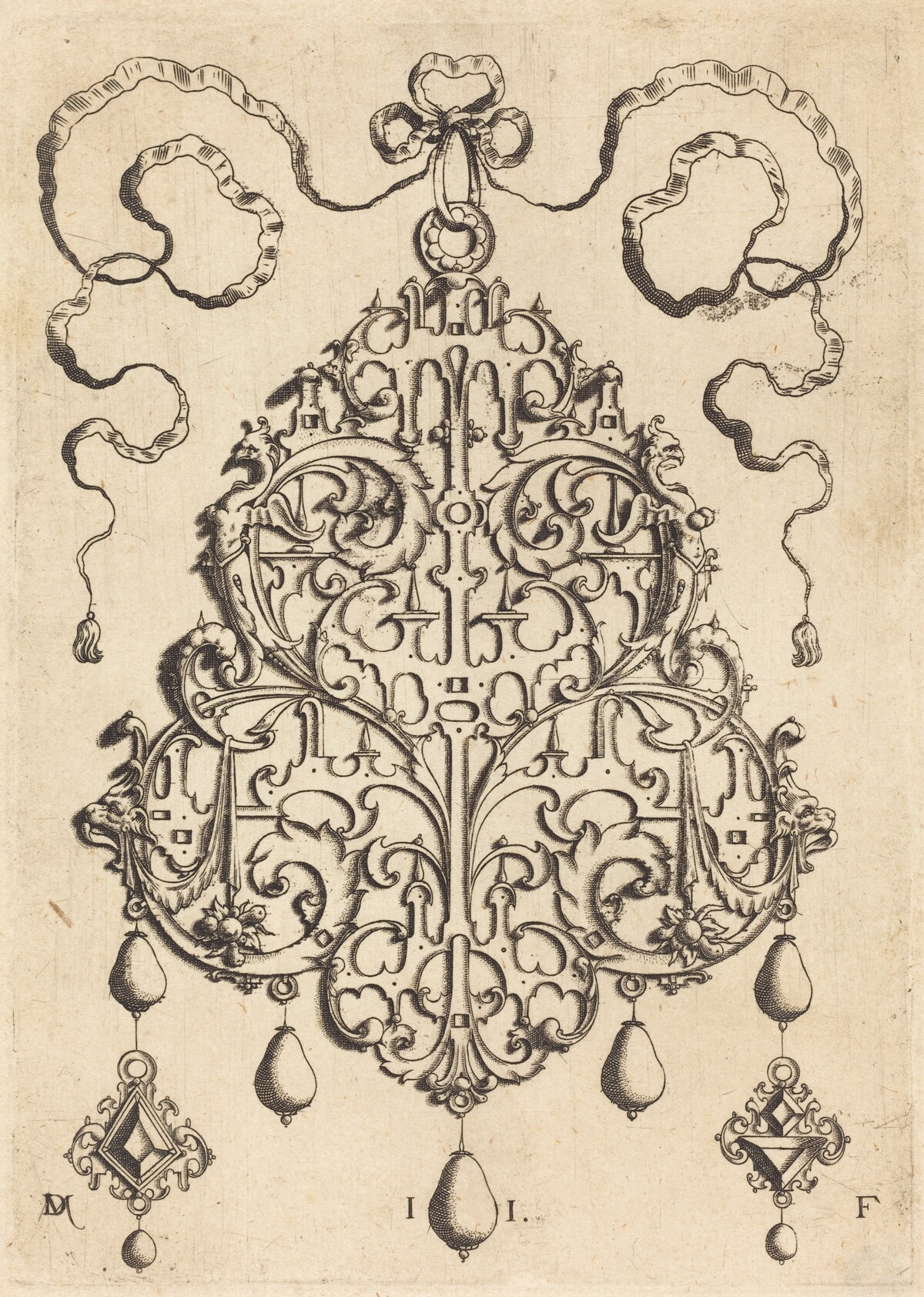 Large Strapwork Pendant with Two Hangers as Earrings at Left and Right by Daniel Mignot
