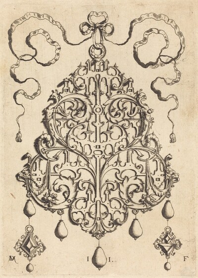 Large Strapwork Pendant with Two Hangers as Earrings at Left and Right