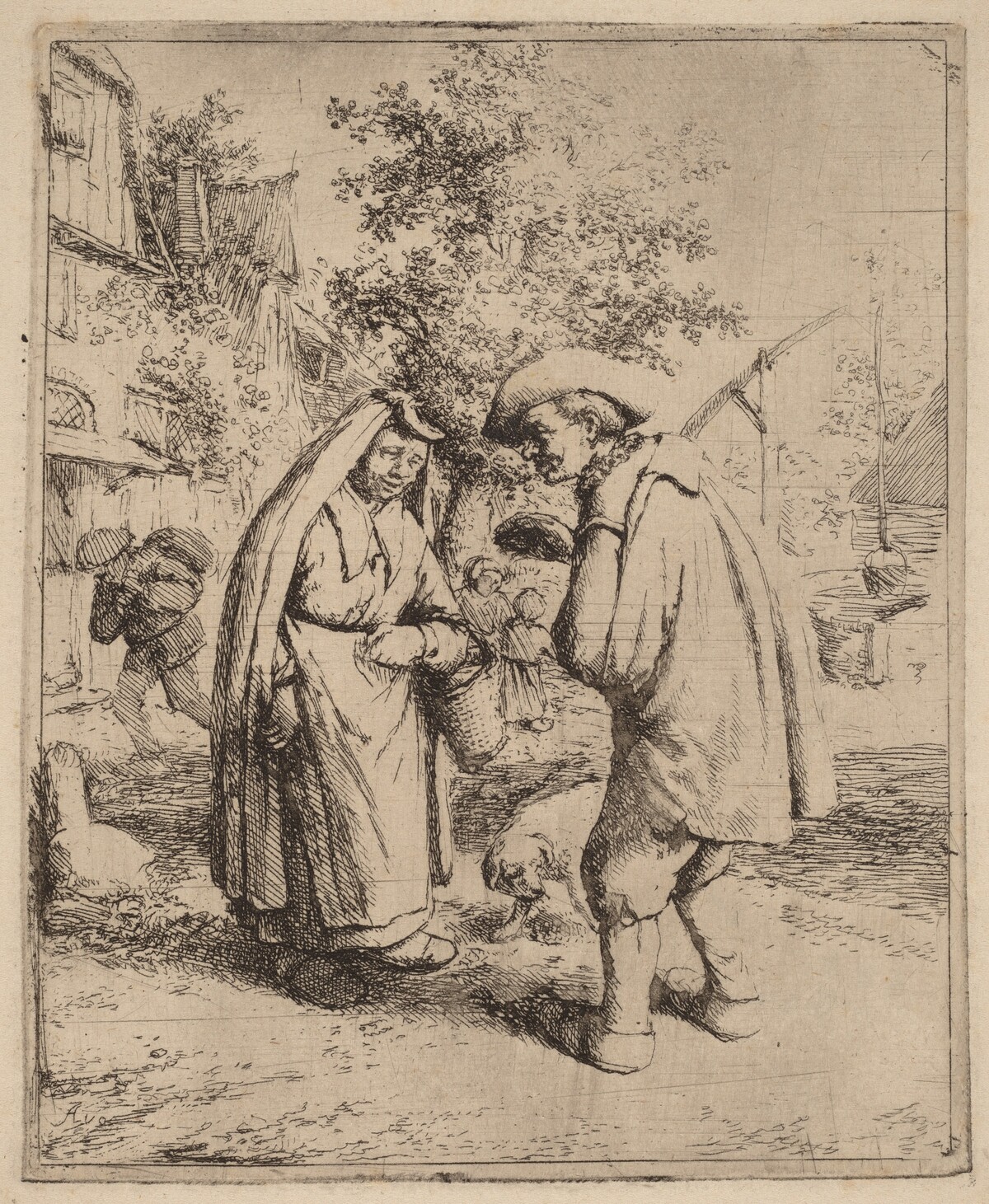 Man and Woman Conversing on a Busy Village Street by Adriaen van Ostade