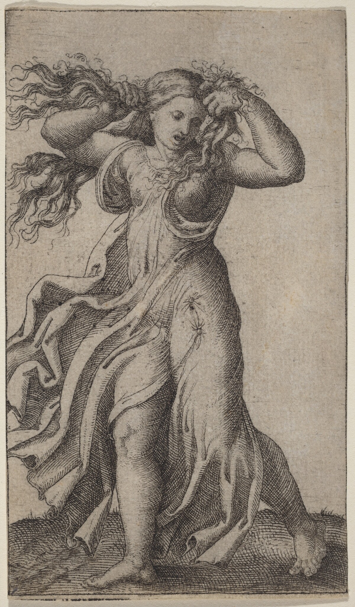 Woman Pulling Her Hair by Marcantonio Raimondi possibly after Francesco Francia