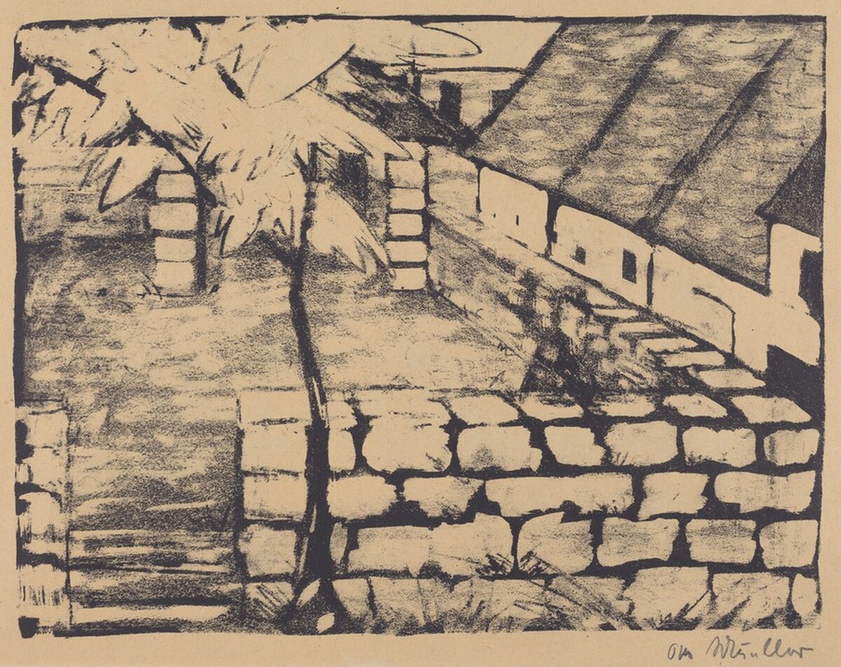 Courtyard with Tree and Houses (Ummauerter Hof mit Baum und Dachern) by Otto Mueller