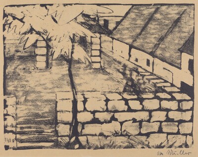 Courtyard with Tree and Houses (Ummauerter Hof mit Baum und Dachern)
