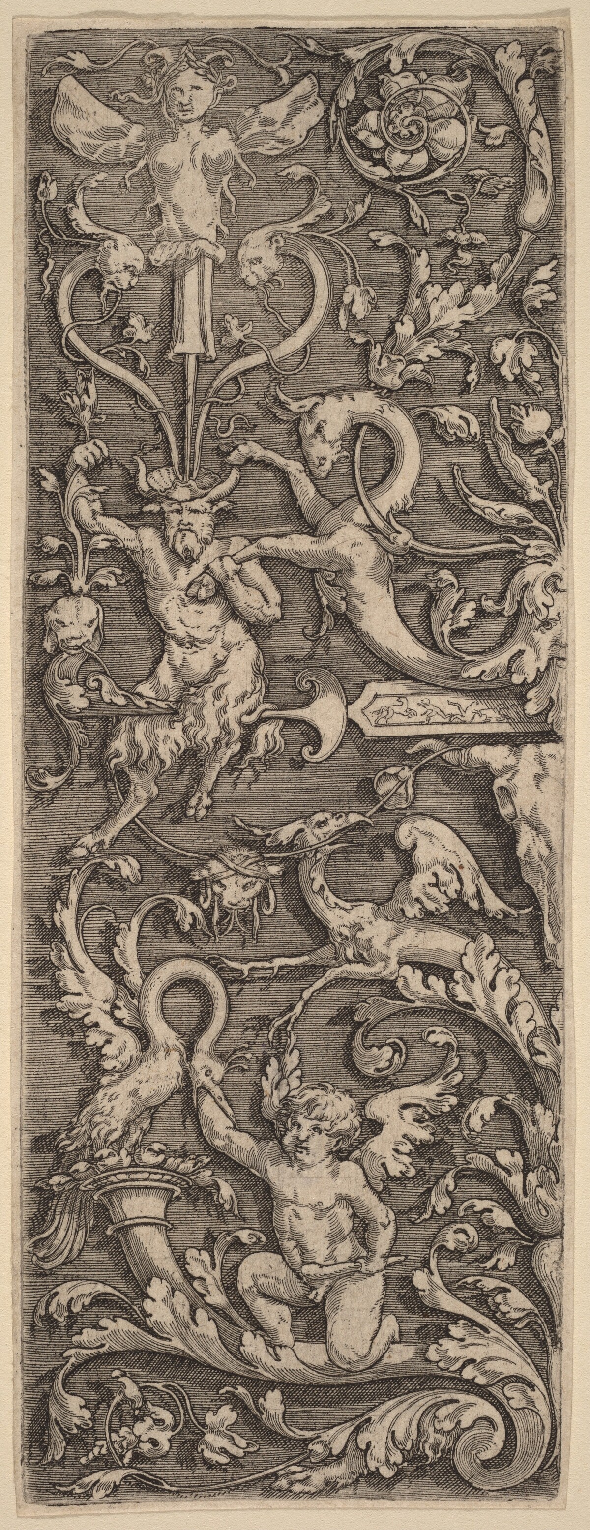 Ornament with a Cupid, a Satyr,  and Grotesque Figures by Master of the Horse Heads